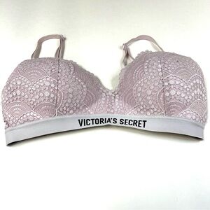 Victorias Secret 32C Lined No Wire Bra Pink Crotchet Floral Lace Wireless #0836